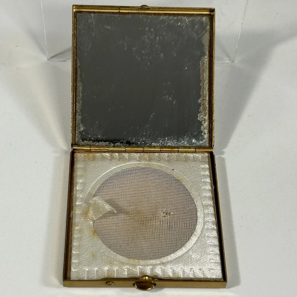 Vintage Compact Case w/Powder Puff, Gold Tone, Hand Painted Flowers READ